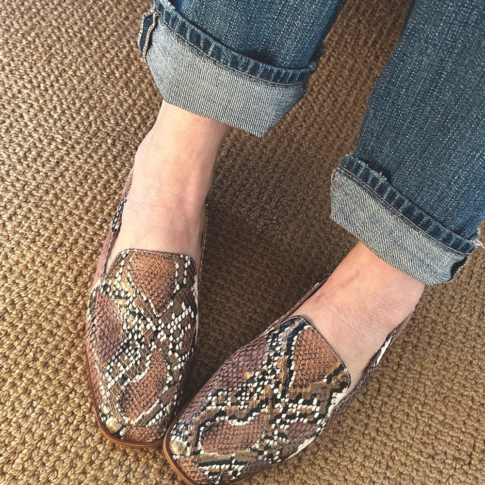 Vince Camuto Snake Skin Loafers, with Square Toe.